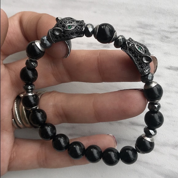 Black rodhium cz panther hematite onyx bracelet - Picture 2 of 8